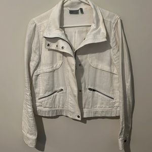 Cream, linen jacket from Athleta; with buttons and zipper.